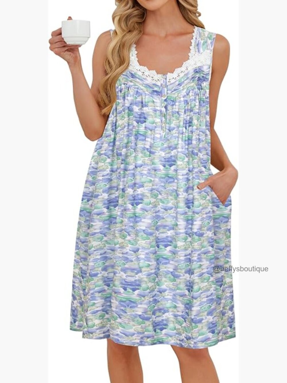 Cotton Sleeveless Nightgown with Pockets Square Neck Button Front